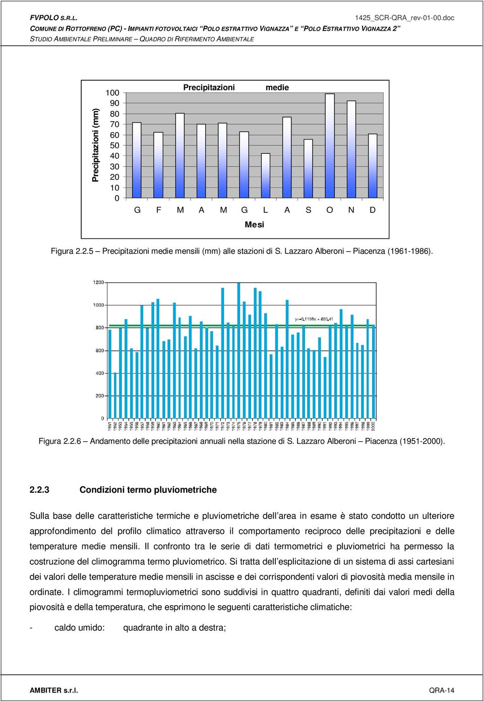 2.6 Andamento delle precipitazioni annuali nella stazione di S. Lazzaro Alberoni Piacenza (1951-2000). 2.2.3 Condizioni termo pluviometriche Sulla base delle caratteristiche termiche e pluviometriche