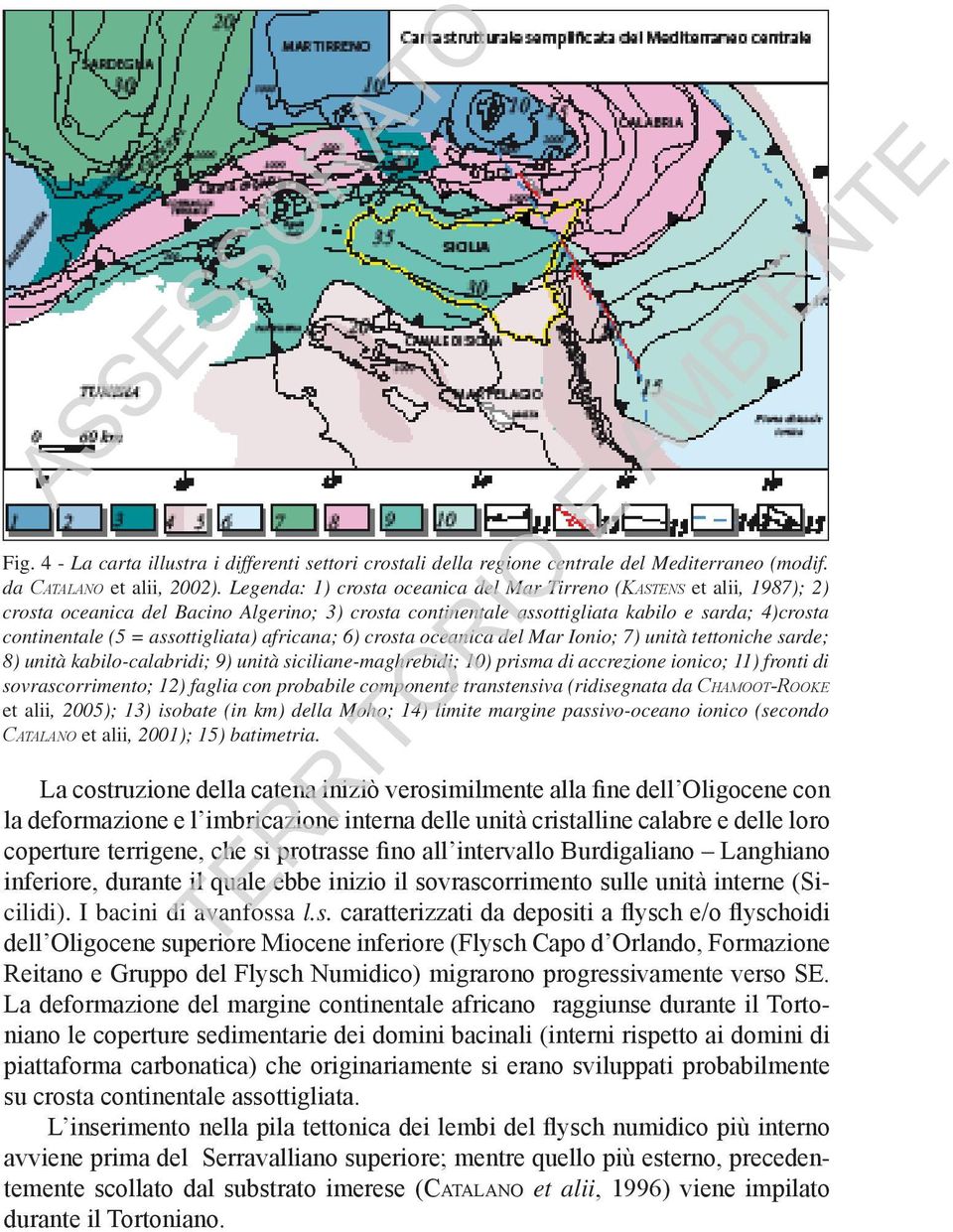 assottigliata) africana; 6) crosta oceanica del Mar Ionio; 7) unità tettoniche sarde; 8) unità kabilo-calabridi; 9) unità siciliane-maghrebidi; 10) prisma di accrezione ionico; 11) fronti di