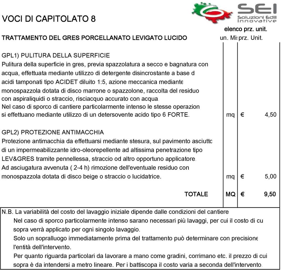 tamponati tipo ACIDET diluito 1:5, azione meccanica mediante monospazzola dotata di disco marrone o spazzolone, raccolta del residuo con aspiraliquidi o straccio, risciacquo accurato con acqua.