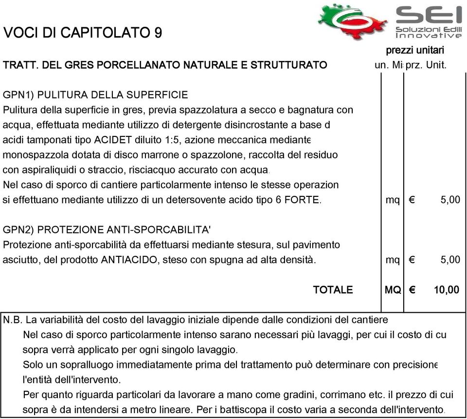 tamponati tipo ACIDET diluito 1:5, azione meccanica mediante monospazzola dotata di disco marrone o spazzolone, raccolta del residuo con aspiraliquidi o straccio, risciacquo accurato con acqua.