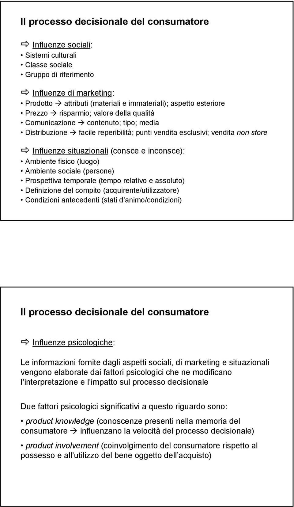 inconsce): Ambiente fisico (luogo) Ambiente sociale (persone) Prospettiva temporale (tempo relativo e assoluto) Definizione del compito (acquirente/utilizzatore) Condizioni antecedenti (stati d