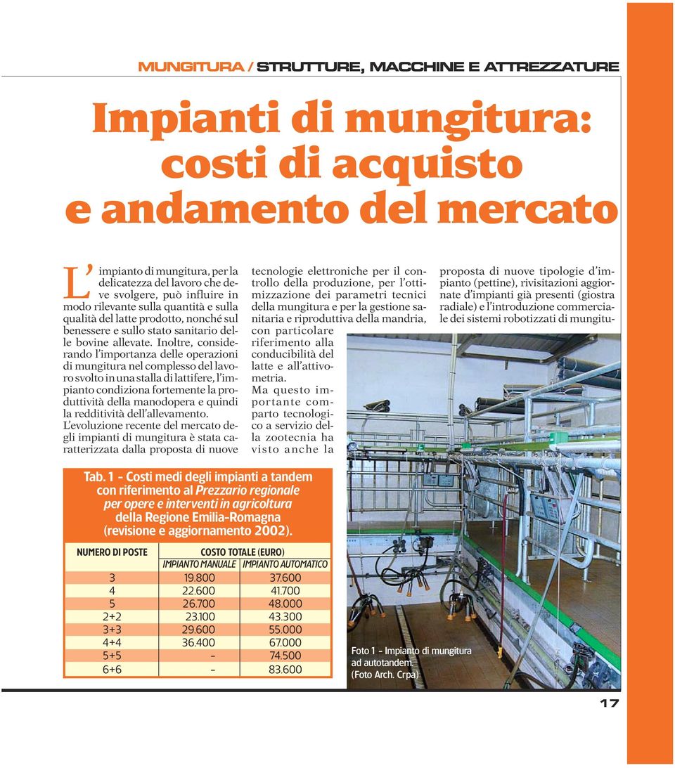 Inoltre, considerando l importanza delle operazioni di mungitura nel complesso del lavoro svolto in una stalla di lattifere, l impianto condiziona fortemente la produttività della manodopera e quindi