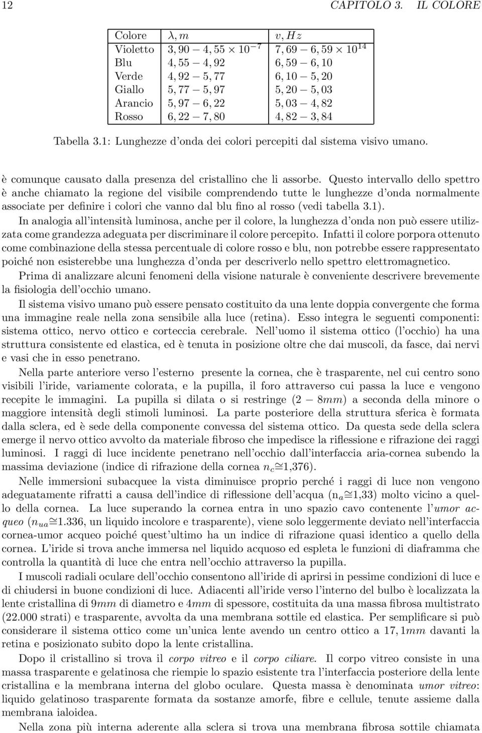 6, 22 7, 80 4, 82 3, 84 Tabella 3.1: Lunghezze d onda dei colori percepiti dal sistema visivo umano. è comunque causato dalla presenza del cristallino che li assorbe.