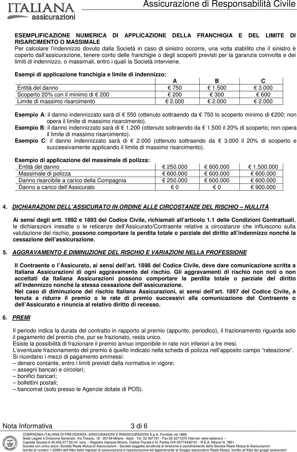 interviene. Esempi di applicazione franchigia e limite di indennizzo: A B C Entità del danno 750 1.500 3.000 Scoperto 20% con il minimo di 200 200 300 600 Limite di massimo risarcimento 2.000 2.