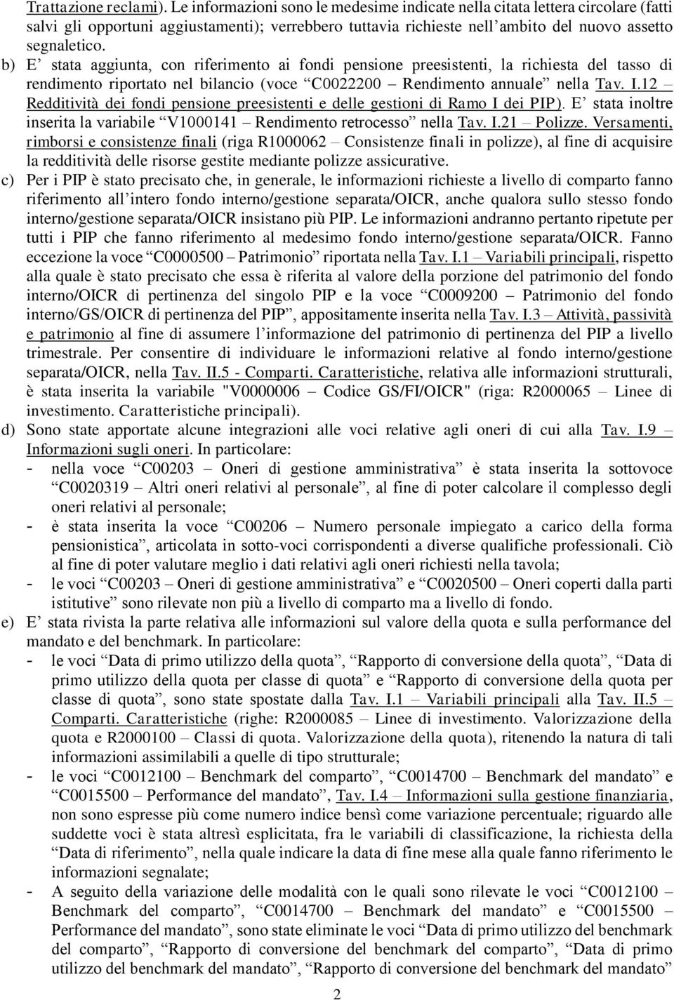 b) E stata aggiunta, con riferimento ai fondi pensione preesistenti, la richiesta del tasso di rendimento riportato nel bilancio (voce C0022200 Rendimento annuale nella Tav. I.