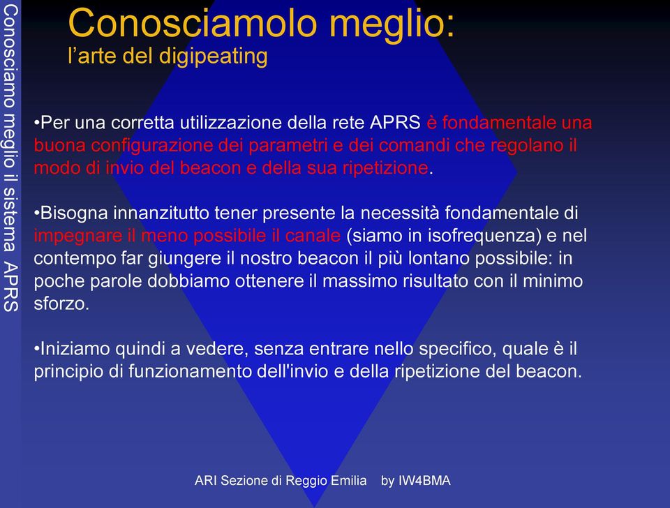 Bisogna innanzitutto tener presente la necessità fondamentale di impegnare il meno possibile il canale (siamo in isofrequenza) e nel contempo far giungere il nostro