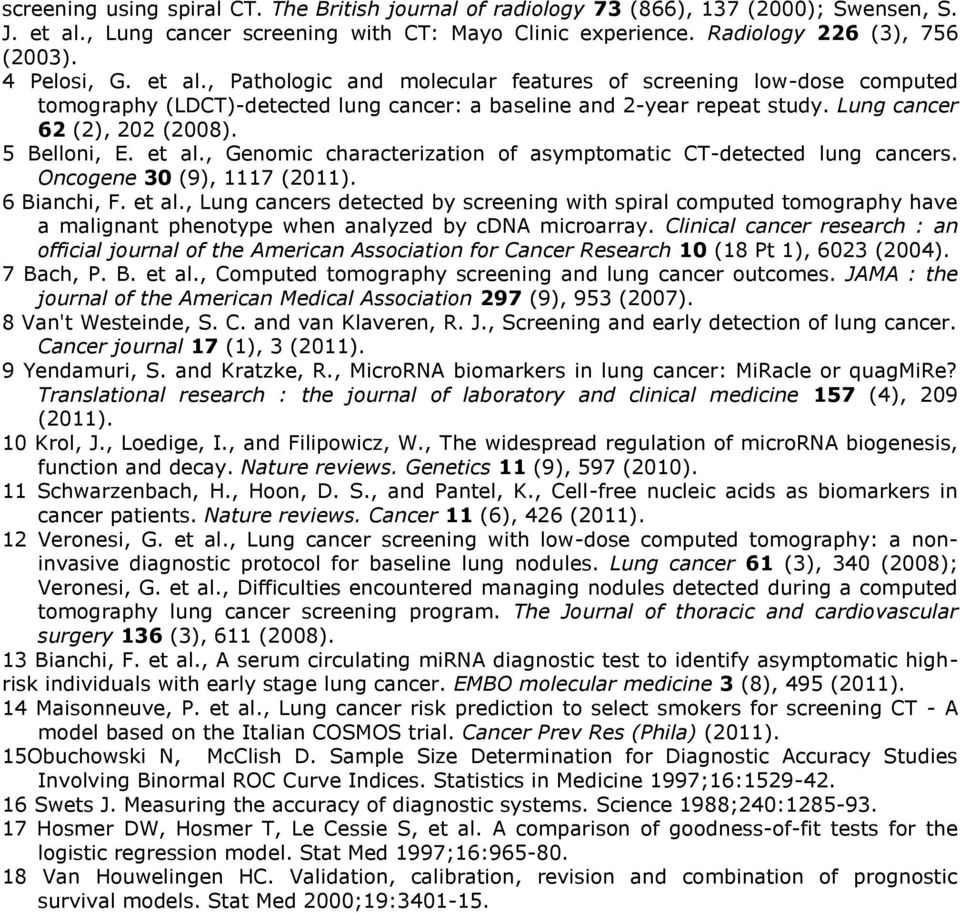 5 Belloni, E. et al., Genomic characterization of asymptomatic CT-detected lung cancers. Oncogene 30 (9), 1117 (2011). 6 Bianchi, F. et al., Lung cancers detected by screening with spiral computed tomography have a malignant phenotype when analyzed by cdna microarray.