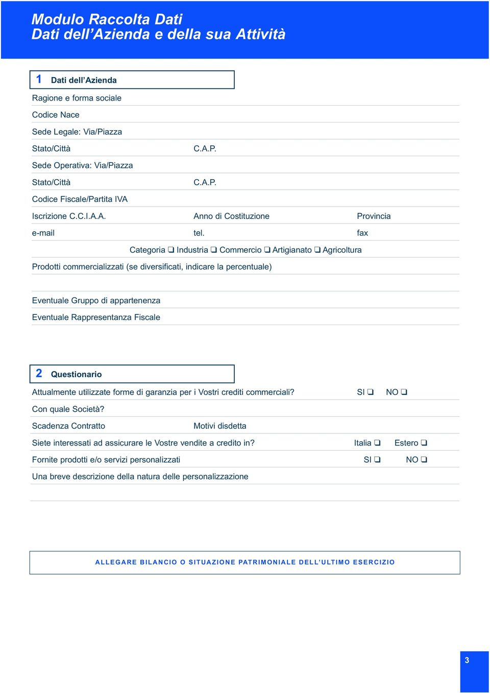 fax Categoria Industria Commercio Artigianato Agricoltura Prodotti commercializzati (se diversificati, indicare la percentuale) Eventuale Gruppo di appartenenza Eventuale Rappresentanza Fiscale 2