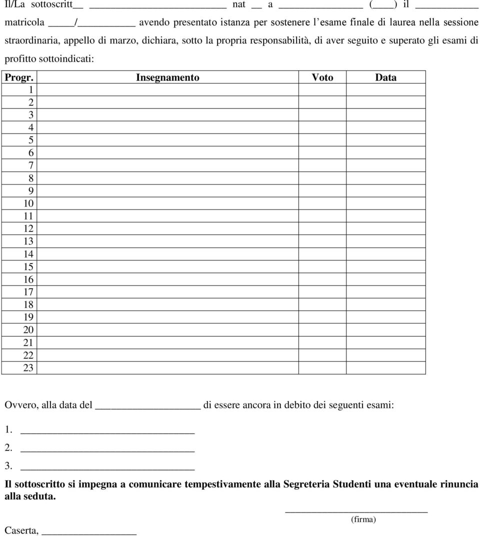 Insegnamento Voto Data 1 2 3 4 5 6 7 8 9 10 11 12 13 14 15 16 17 18 19 20 21 22 23 Ovvero, alla data del di essere ancora in debito dei