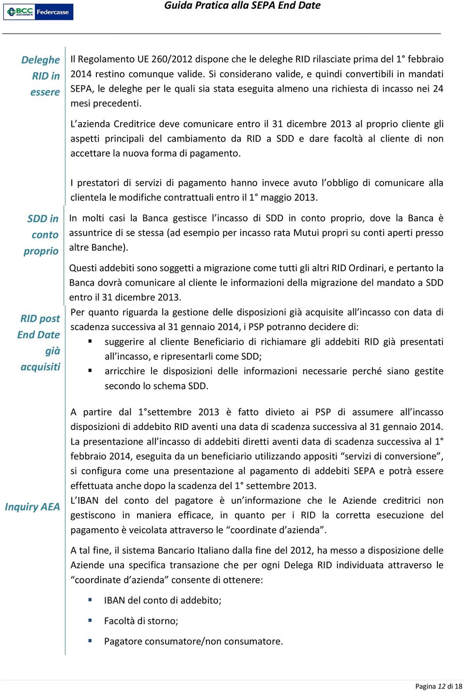 L azienda Creditrice deve comunicare entro il 31 dicembre 2013 al proprio cliente gli aspetti principali del cambiamento da RID a SDD e dare facoltà al cliente di non accettare la nuova forma di