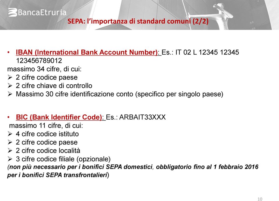 conto (specifico per singolo paese) BIC (Bank Identifier Code): Es.