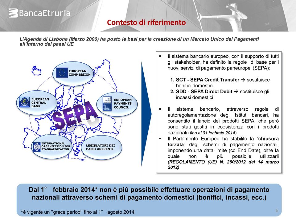 per i nuovi servizi di pagamento paneuropei (SEPA): 1. SCT - SEPA Credit Transfer sostituisce bonifici domestici 2.