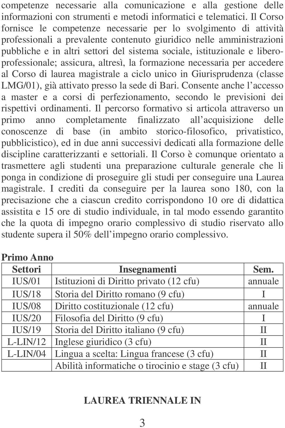 istituzionale e liberoprofessionale; assicura, altresì, la formazione necessaria per accedere al Corso di laurea magistrale a ciclo unico in Giurisprudenza (classe LMG/01), già attivato presso la