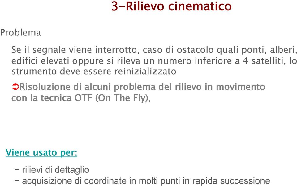 reinizializzato Risoluzione di alcuni problema del rilievo in movimento con la tecnica OTF (On The