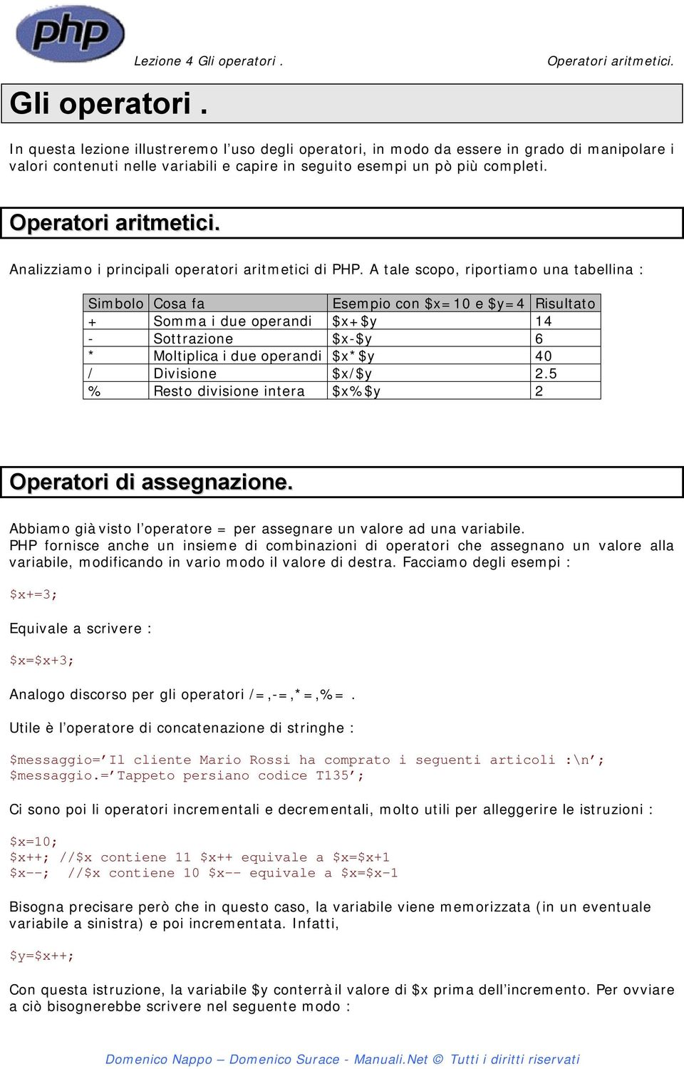 Analizziamo i principali operatori aritmetici di PHP.