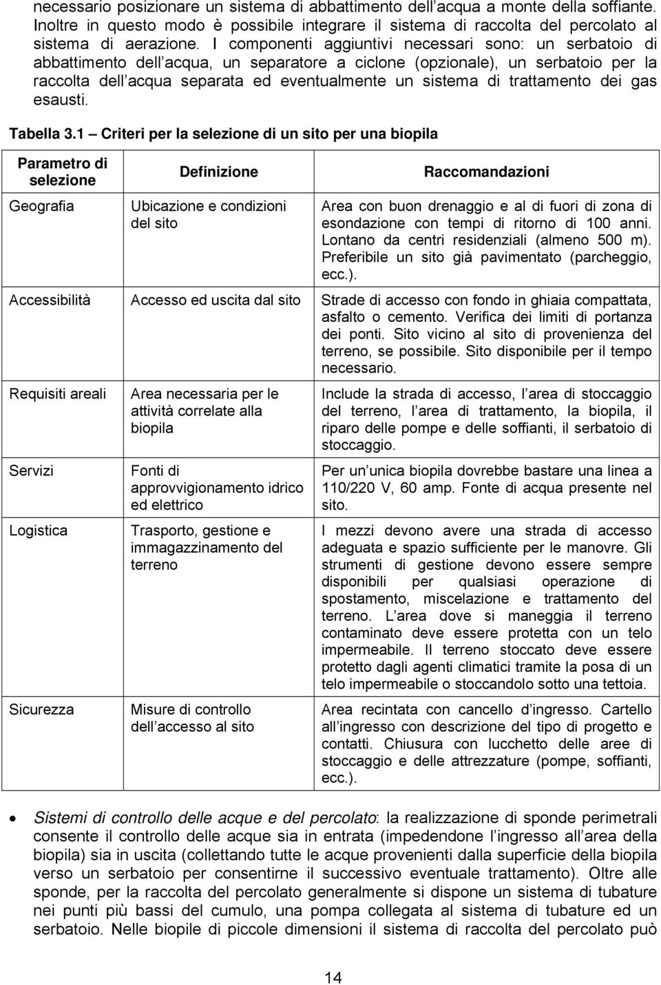 trattamento dei gas esausti. Tabella 3.