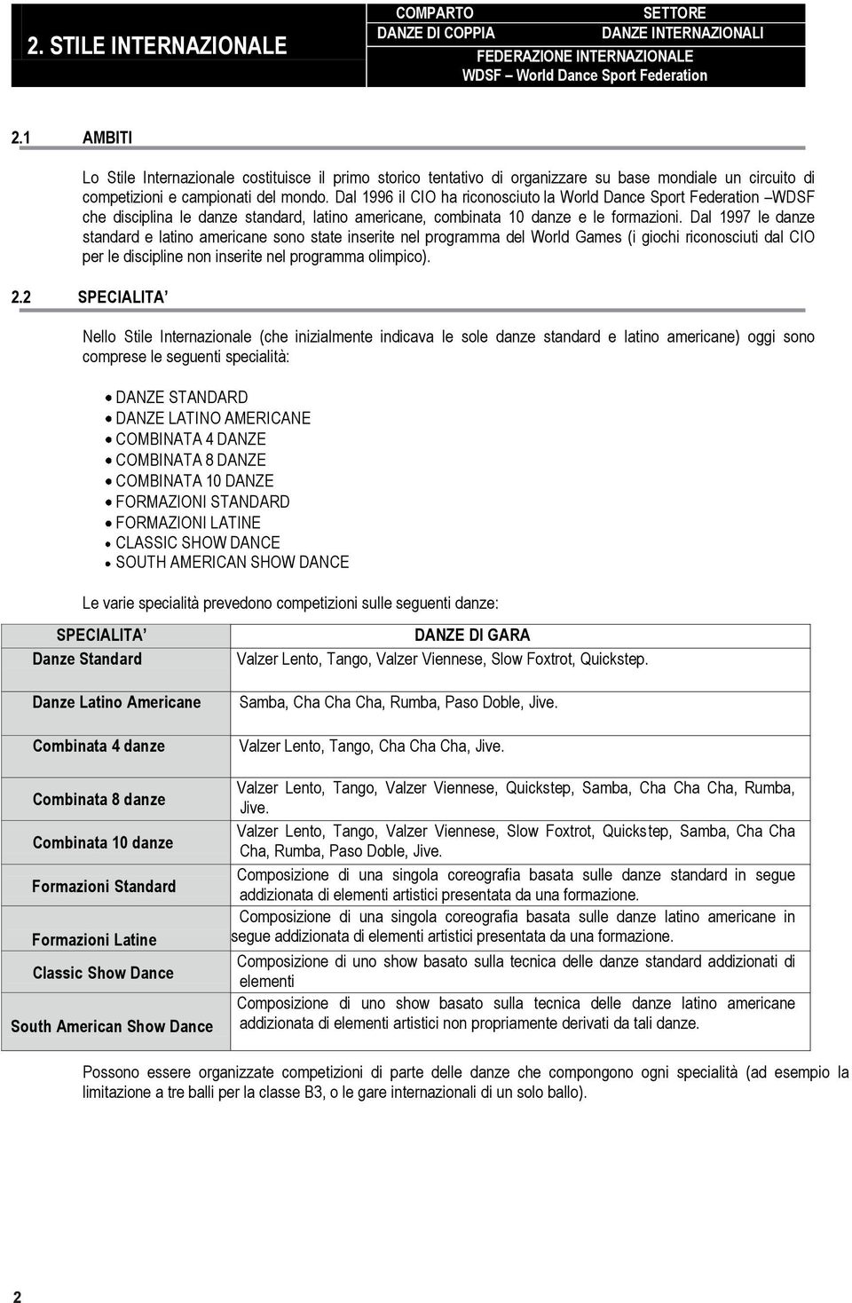 Dal 1996 il CIO ha riconosciuto la World Dance Sport Federation WDSF che disciplina le danze standard, latino americane, combinata 10 danze e le formazioni.