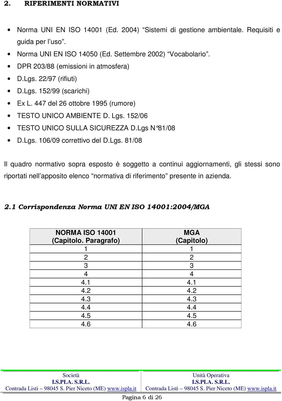 Lgs N 81/08 D.Lgs. 106/09 correttivo del D.Lgs. 81/08 Il quadro normativo sopra esposto è soggetto a continui aggiornamenti, gli stessi sono riportati nell apposito elenco normativa di riferimento presente in azienda.