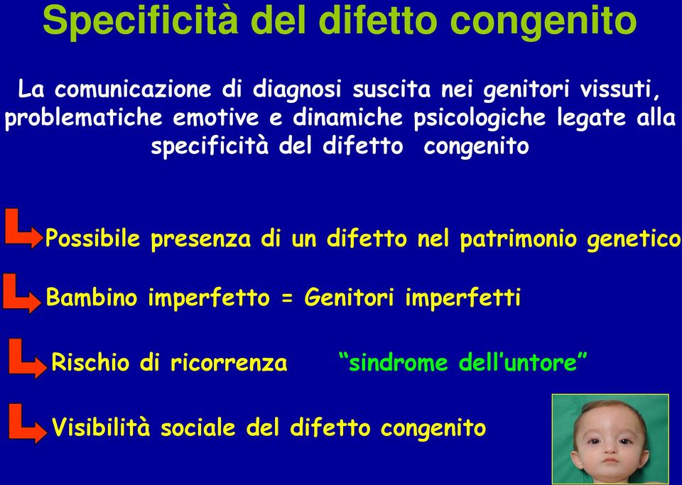 congenito Possibile presenza di un difetto nel patrimonio genetico Bambino imperfetto =