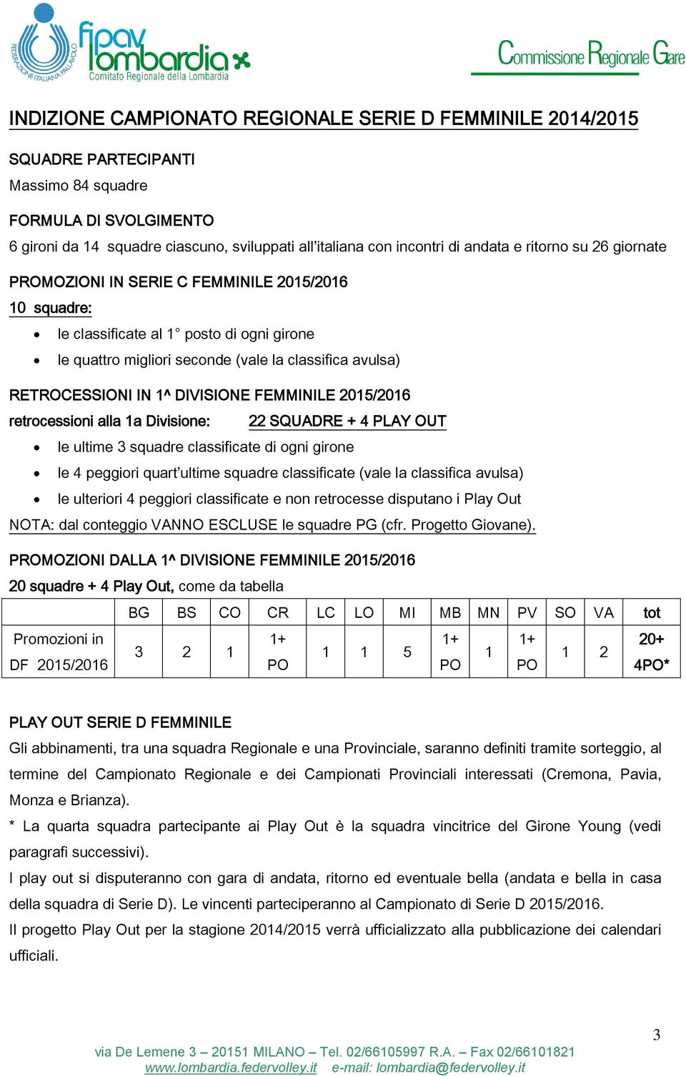 IN 1^ DIVISIONE FEMMINILE 2015/2016 retrocessioni alla 1a Divisione: 22 SQUADRE + 4 PLAY OUT le ultime 3 squadre classificate di ogni girone le 4 peggiori quart ultime squadre classificate (vale la