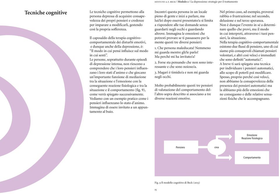 Il caposaldo della terapia cognitivocomportamentale dei disturbi emotivi, e dunque anche della depressione, è: Il modo in cui pensi influisce sul modo in cui senti.