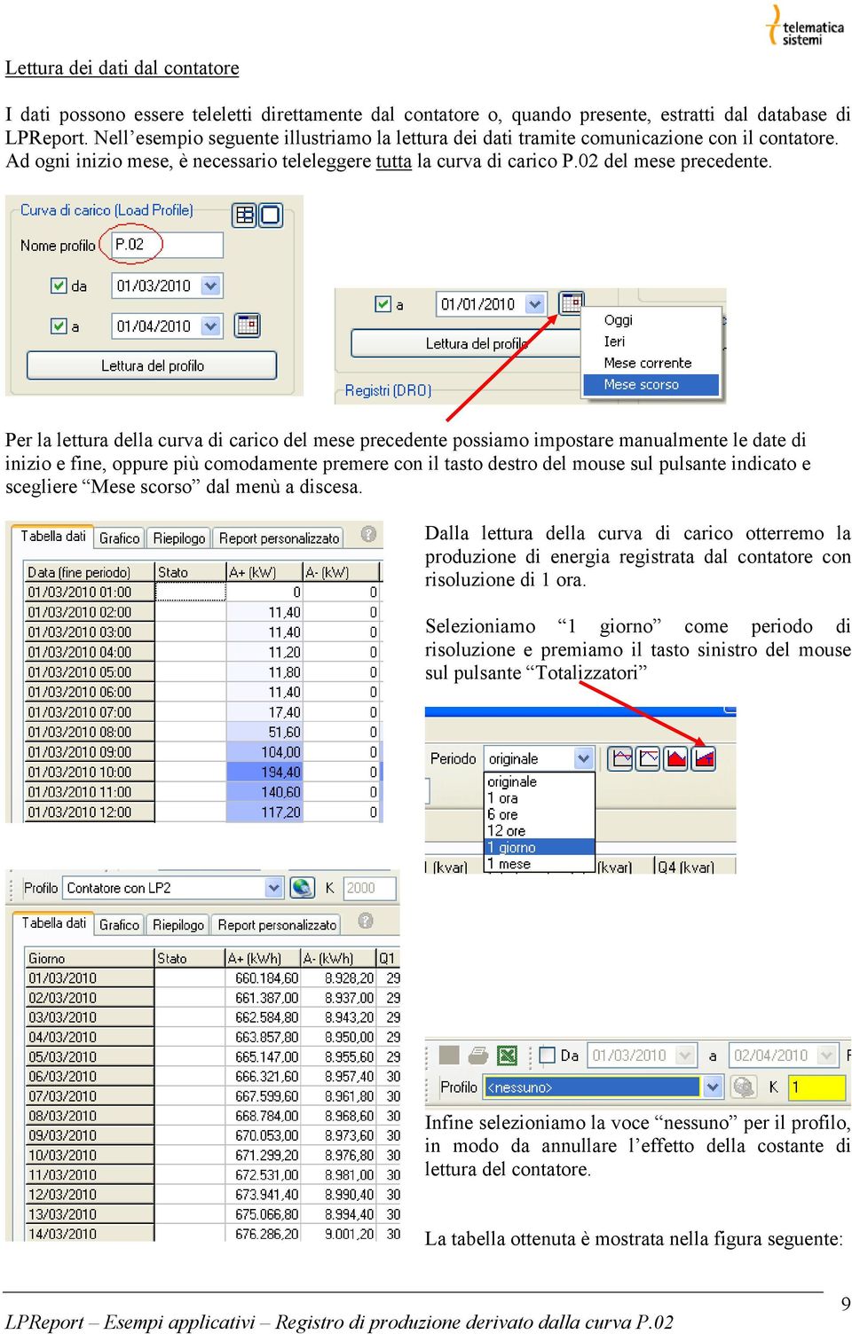 Per la lettura della curva di carico del mese precedente possiamo impostare manualmente le date di inizio e fine, oppure più comodamente premere con il tasto destro del mouse sul pulsante indicato e