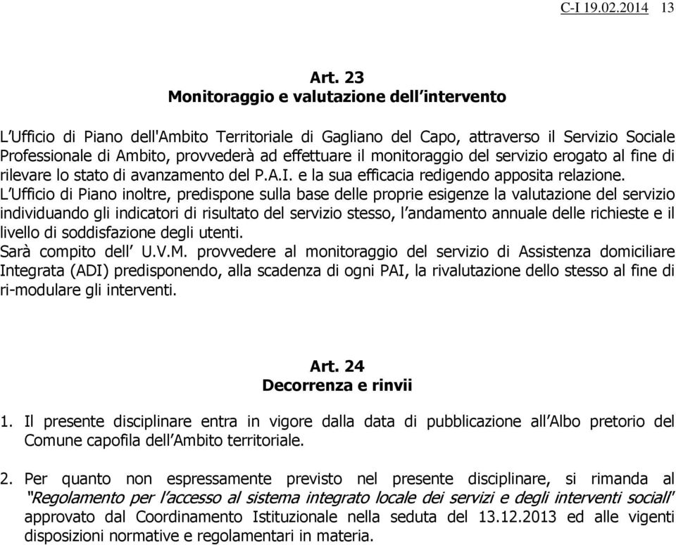 monitoraggio del servizio erogato al fine di rilevare lo stato di avanzamento del P.A.I. e la sua efficacia redigendo apposita relazione.