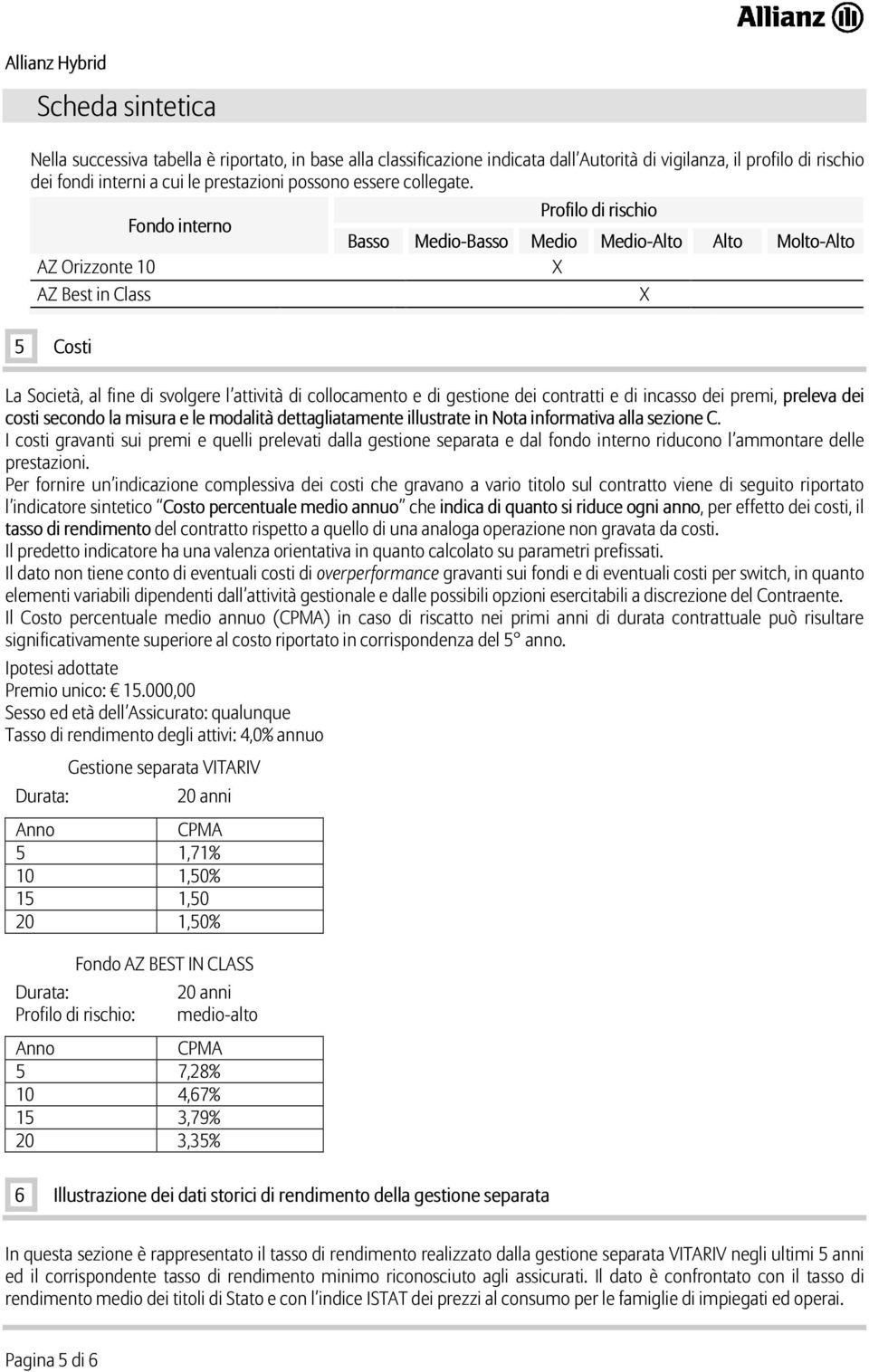 AZ Orizzonte 10 AZ Best in Class 5 Costi Fondo interno Profilo di rischio Basso Medio-Basso Medio Medio-Alto Alto Molto-Alto X X La Società, al fine di svolgere l attività di collocamento e di