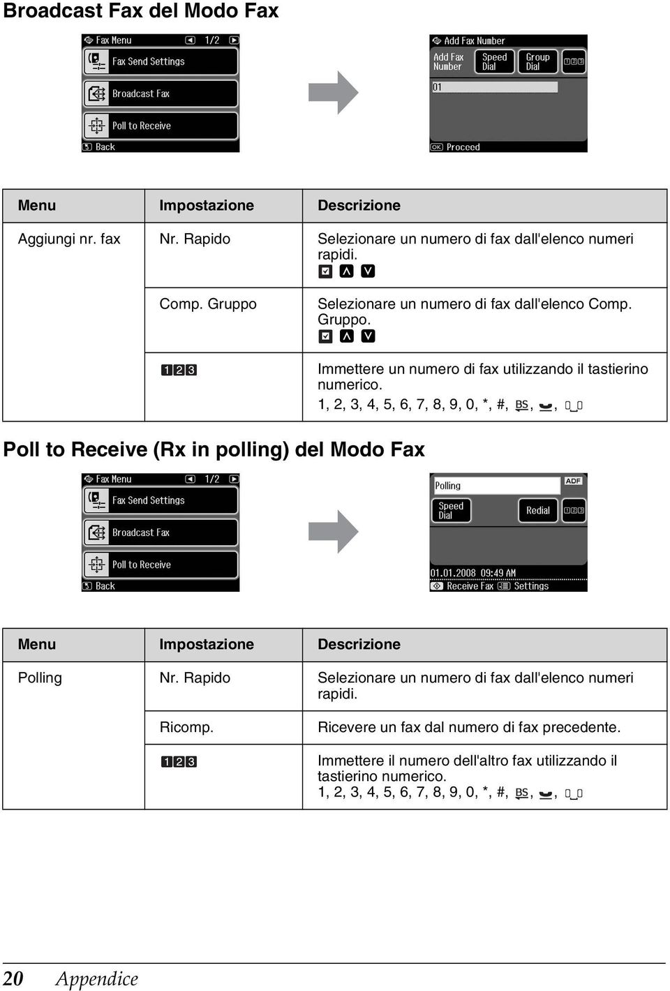 Poll to Receive (Rx in polling) del Modo Fax Immettere un numero di fax utilizzando il tastierino numerico.