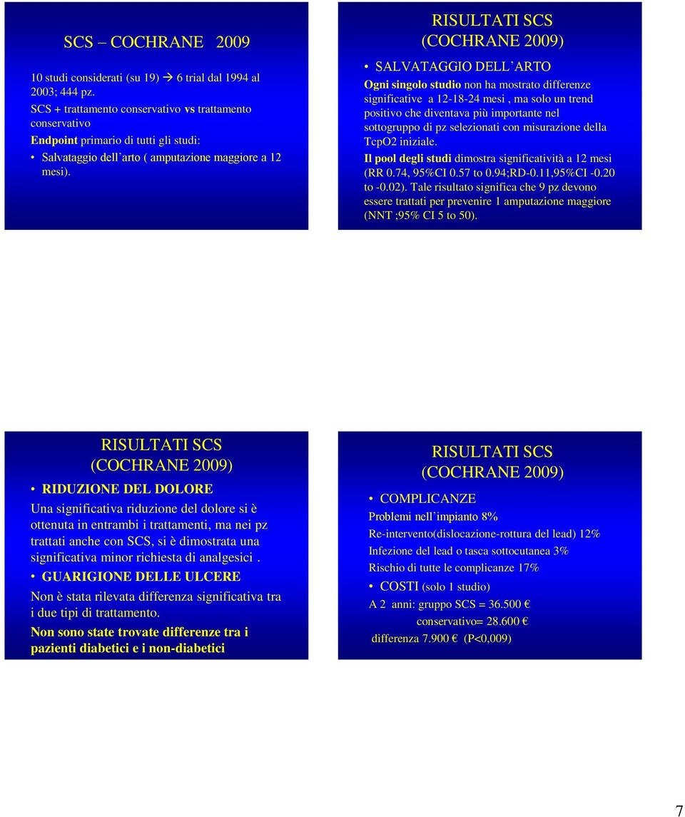 RISULTATI SCS (COCHRANE 2009) SALVATAGGIO DELL ARTO Ogni singolo studio non ha mostrato differenze significative a 12-18-24 mesi, ma solo un trend positivo che diventava più importante nel