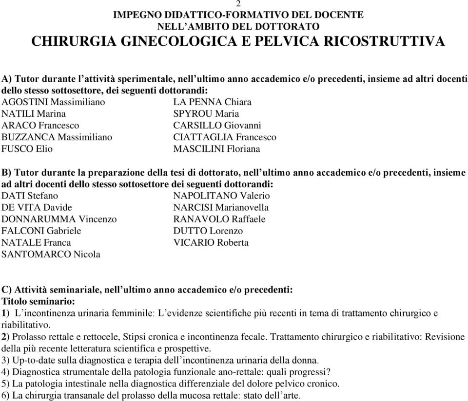 Massimiliano CIATTAGLIA Francesco FUSCO Elio MASCILINI Floriana B) Tutor durante la preparazione della tesi di dottorato, nell ultimo anno accademico e/o precedenti, insieme ad altri docenti dello