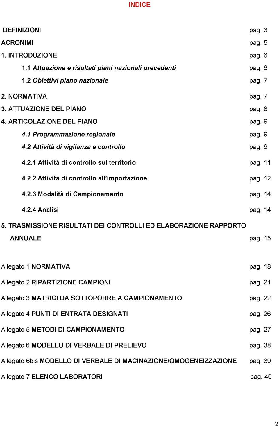 12 4.2.3 Modalità di Campionamento pag. 14 4.2.4 Analisi pag. 14 5. TRASMISSIONE RISULTATI DEI CONTROLLI ED ELABORAZIONE RAPPORTO ANNUALE pag. 15 Allegato 1 NORMATIVA pag.