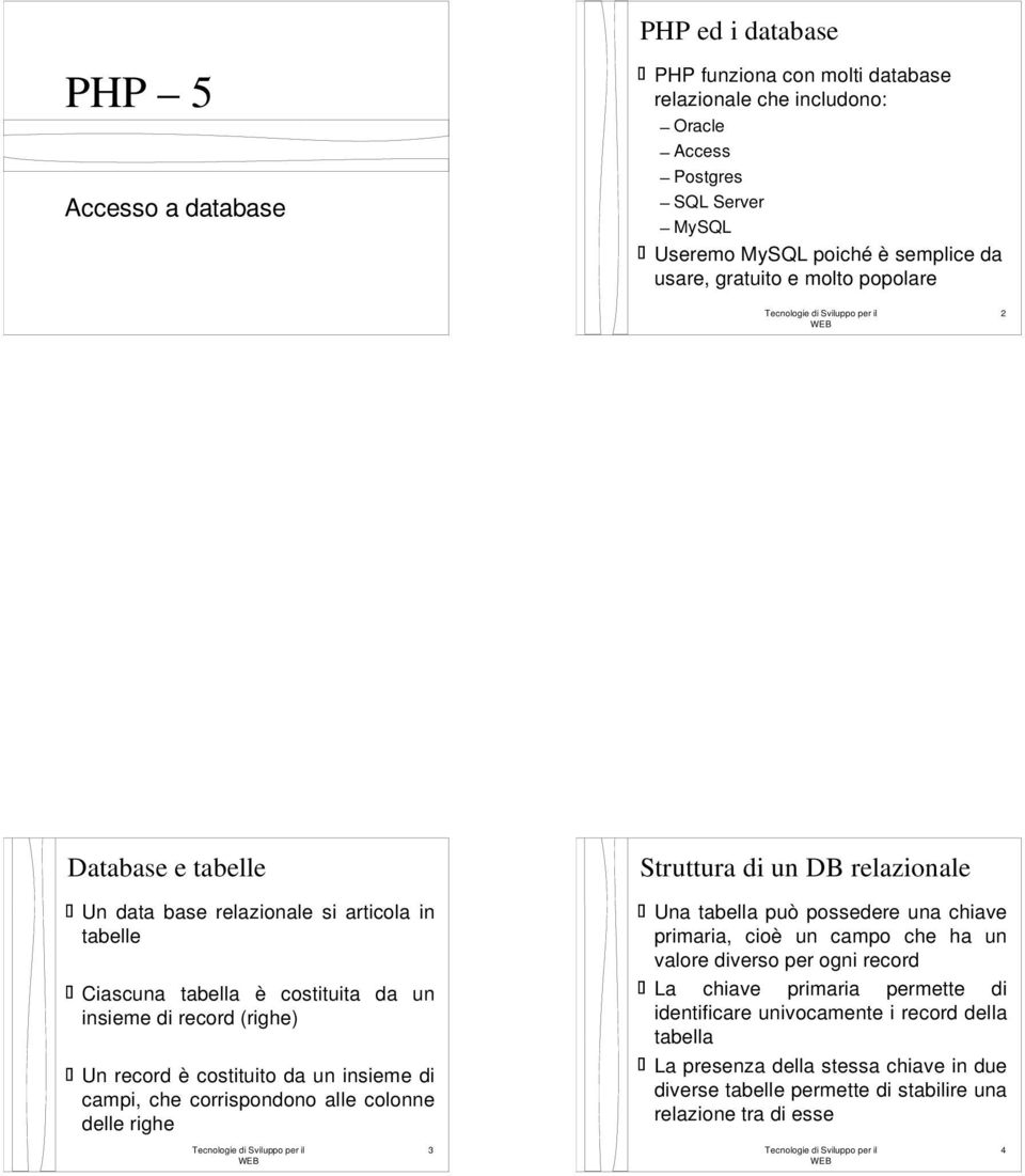 insieme di campi, che corrispondono alle colonne delle righe Struttura di un DB relazionale Una tabella può possedere una chiave primaria, cioè un campo che ha un valore diverso per ogni