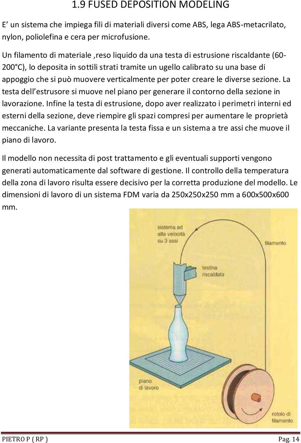 verticalmente per poter creare le diverse sezione. La testa dell estrusore si muove nel piano per generare il contorno della sezione in lavorazione.