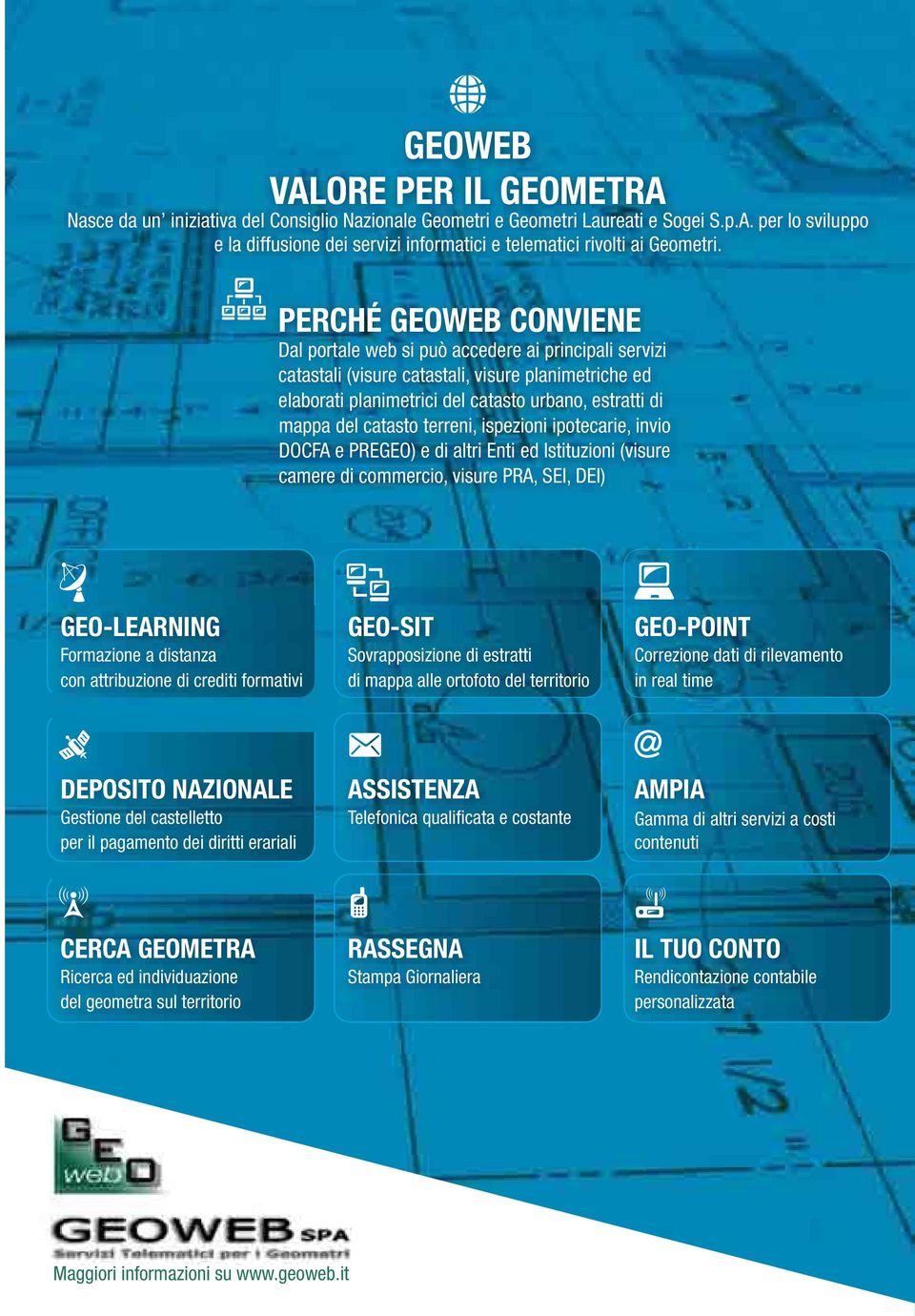 catasto terreni, ispezioni ipotecarie, invio DOCFA e PREGEO) e di altri Enti ed Istituzioni (visure camere di commercio, visure PRA, SEI, DEI) GEO-LEARNING Formazione a distanza con attribuzione di