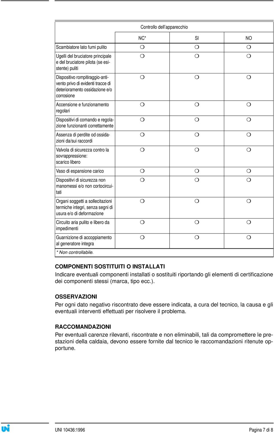 raccordi Valvola di sicurezza contro la sovrappressione: scarico libero Vaso di espansione carico Dispositivi di sicurezza non manomessi e/o non cortocircuitati Organi soggetti a sollecitazioni