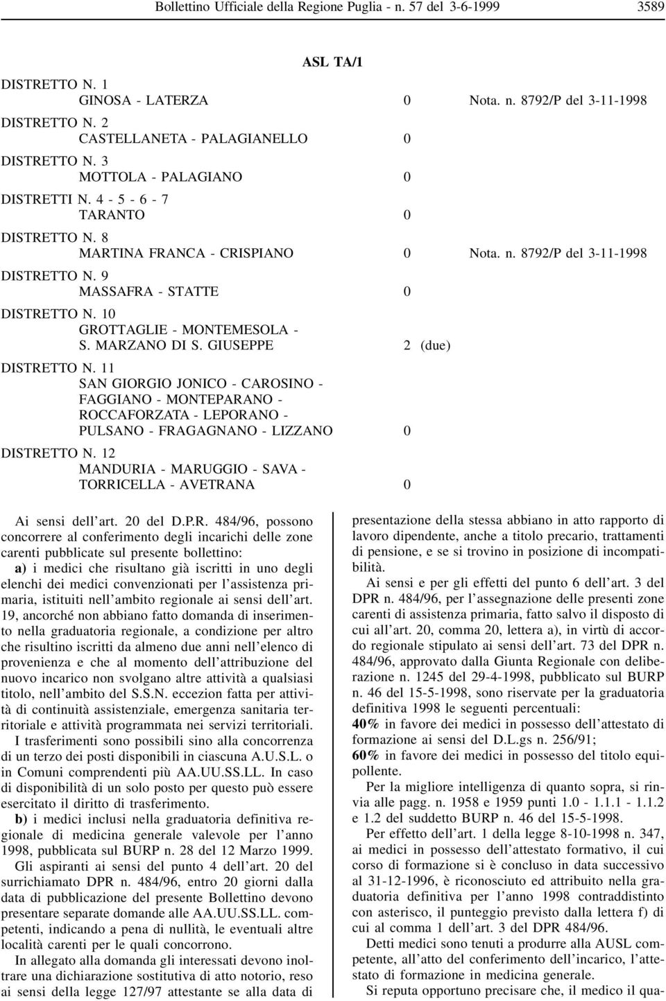 10 GROTTAGLIE - MONTEMESOLA - S. MARZANO DI S. GIUSEPPE 2 (due) DISTRETTO N.