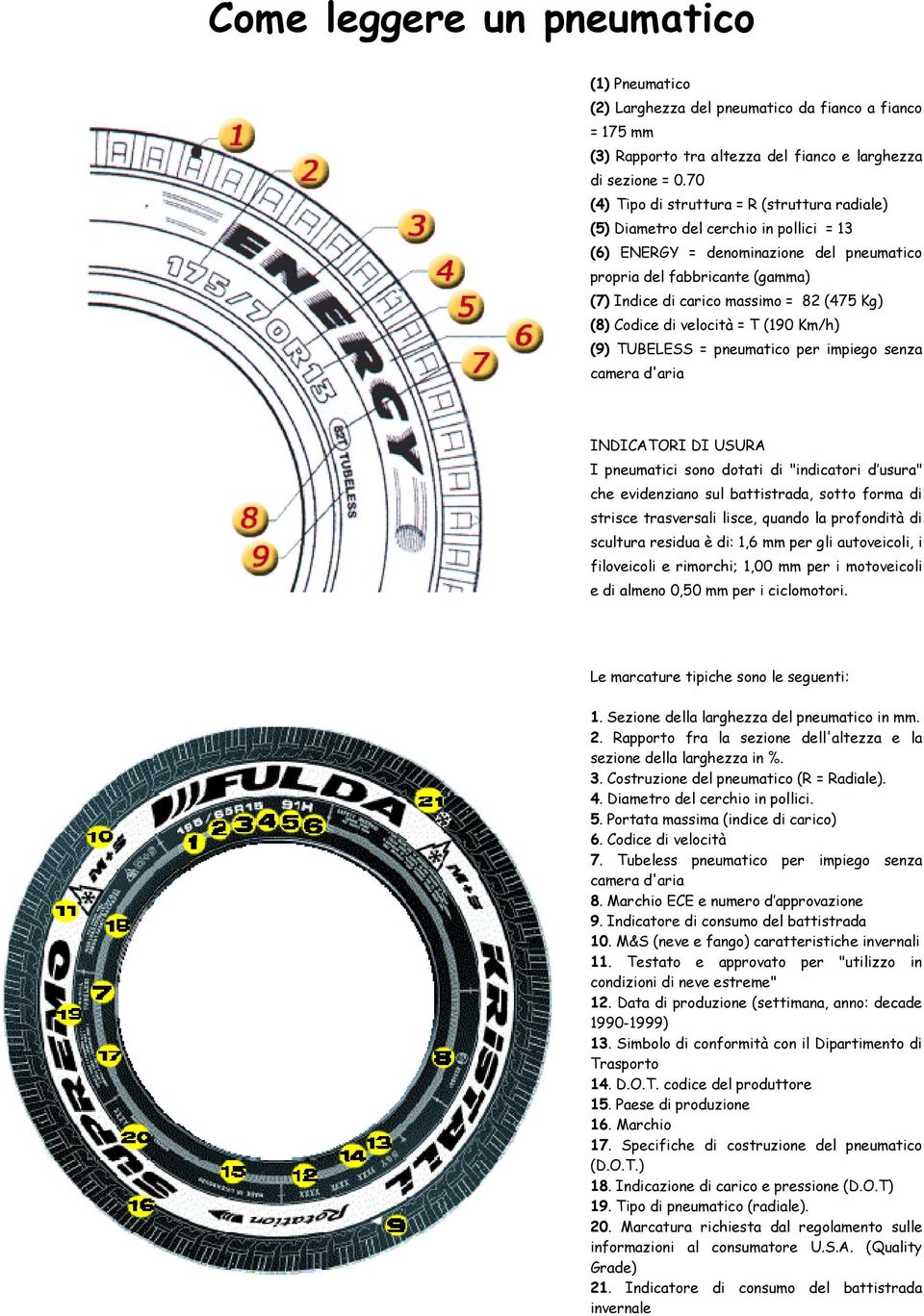 (475 Kg) (8) Codice di velocità = T (190 Km/h) (9) TUBELESS = pneumatico per impiego senza camera d'aria INDICATORI DI USURA I pneumatici sono dotati di "indicatori d usura" che evidenziano sul