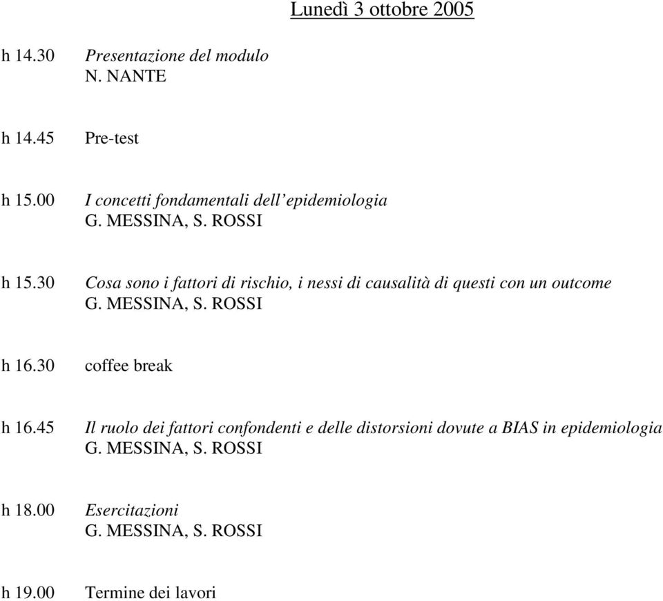 30 Cosa sono i fattori di rischio, i nessi di causalità di questi con un outcome G. MESSINA, S. ROSSI h 16.