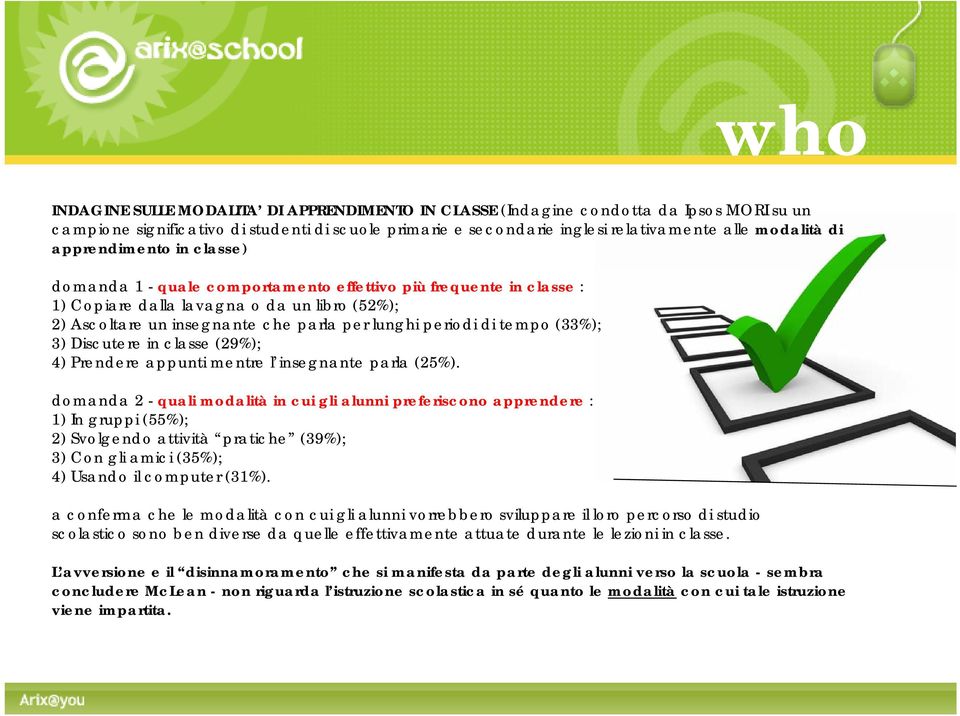 tempo (33%); 3) Discutere in classe (29%); 4) Prendere appunti mentre l insegnante parla (25%).