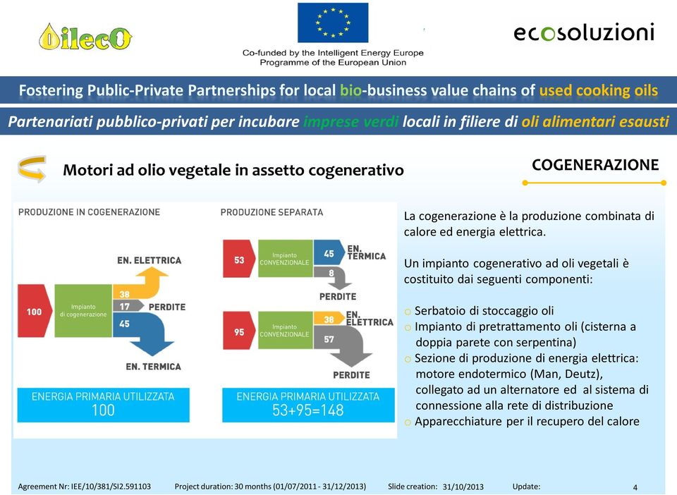 Un impianto cogenerativo ad oli vegetali è costituito dai seguenti componenti: o Serbatoio di stoccaggio oli o Impianto di