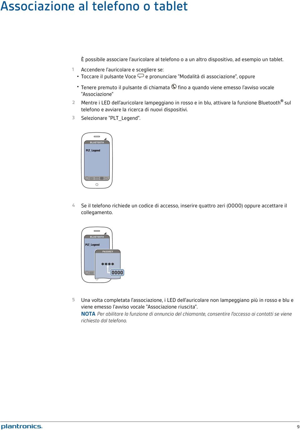 l'avviso vocale 2 Mentre i LED dell'auricolare lampeggiano in rosso e in blu, attivare la funzione Bluetooth sul telefono e avviare la ricerca di nuovi dispositivi. 3 Selezionare "PLT_Legend".