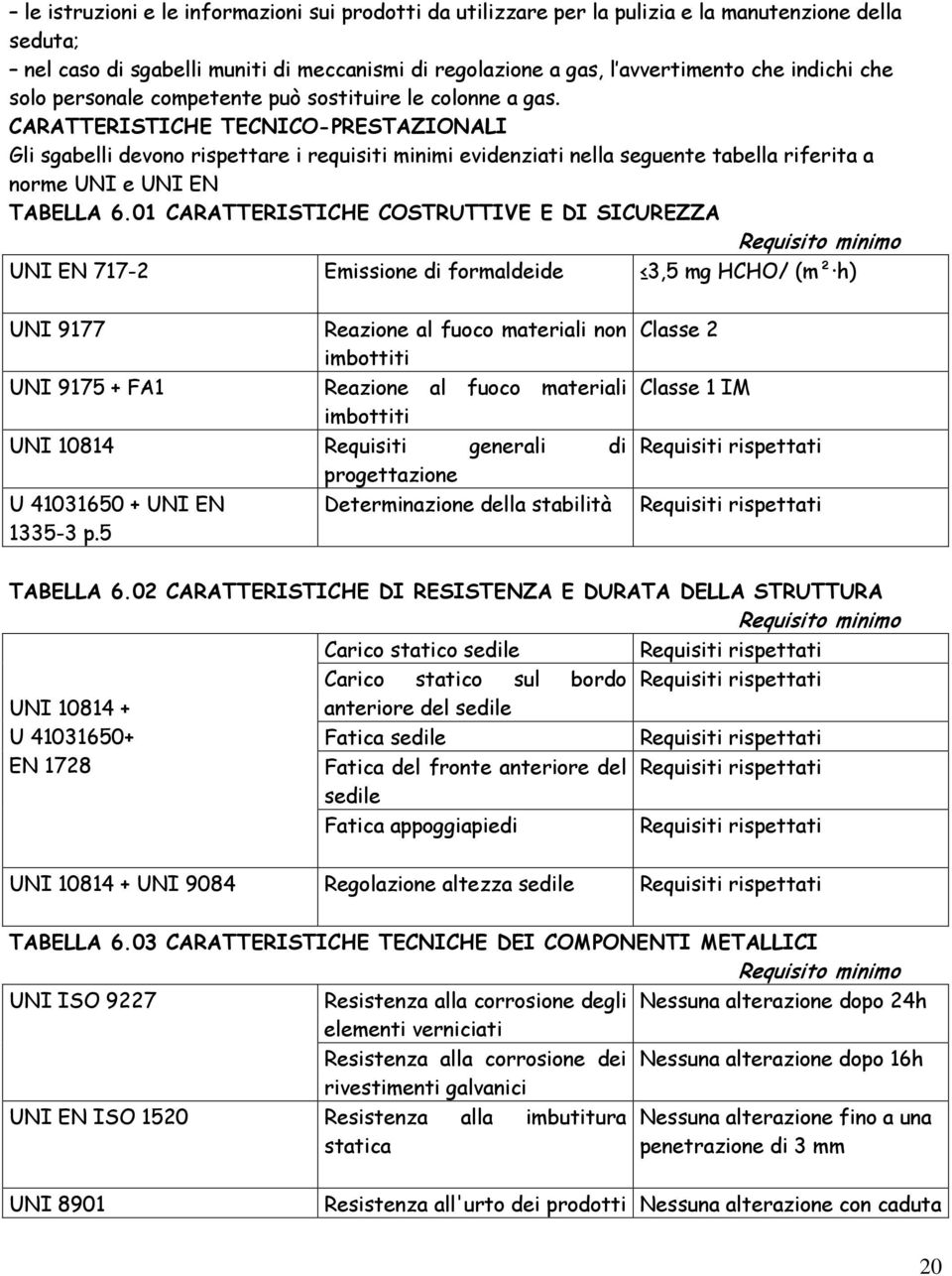 CARATTERISTICHE TECNICO-PRESTAZIONALI Gli sgabelli devono rispettare i requisiti minimi evidenziati nella seguente tabella riferita a norme UNI e UNI EN TABELLA 6.