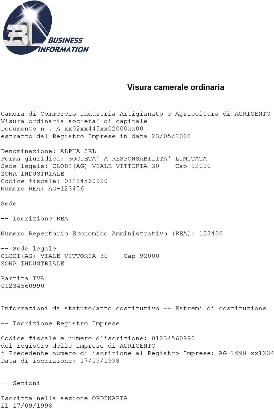 92000 ZONA INDUSTRIALE Codice fiscale: 01234560990 Numero REA: AG-123456 Sede -- Iscrizione REA Numero Repertorio Economico Amministrativo (REA): 123456 -- Sede legale CLODI(AG) VIALE VITTORIA 30 -