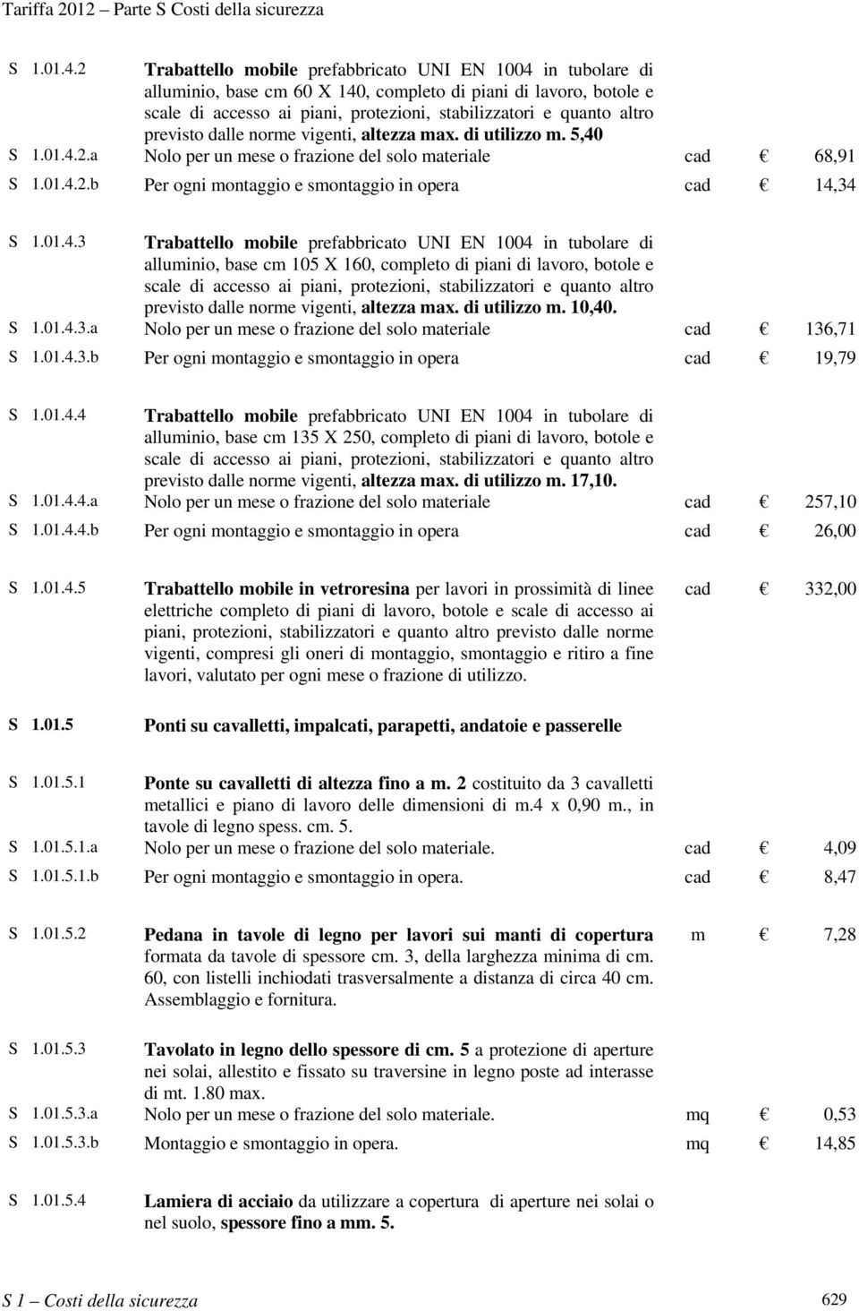 previsto dalle norme vigenti, altezza max. di utilizzo m. 5,40 2.a Nolo per un mese o frazione del solo materiale cad 68,91 2.