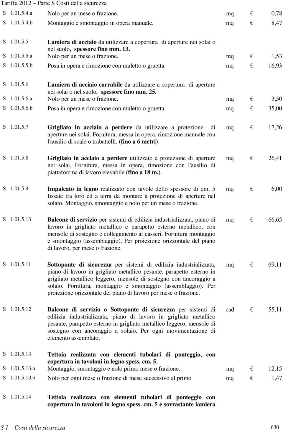 25. S 1.01.5.6.a Nolo per un mese o frazione. mq 3,50 S 1.01.5.6.b Posa in opera e rimozione con muletto o gruetta. mq 35,00 S 1.01.5.7 Grigliato in acciaio a perdere da utilizzare a protezione di aperture nei solai.