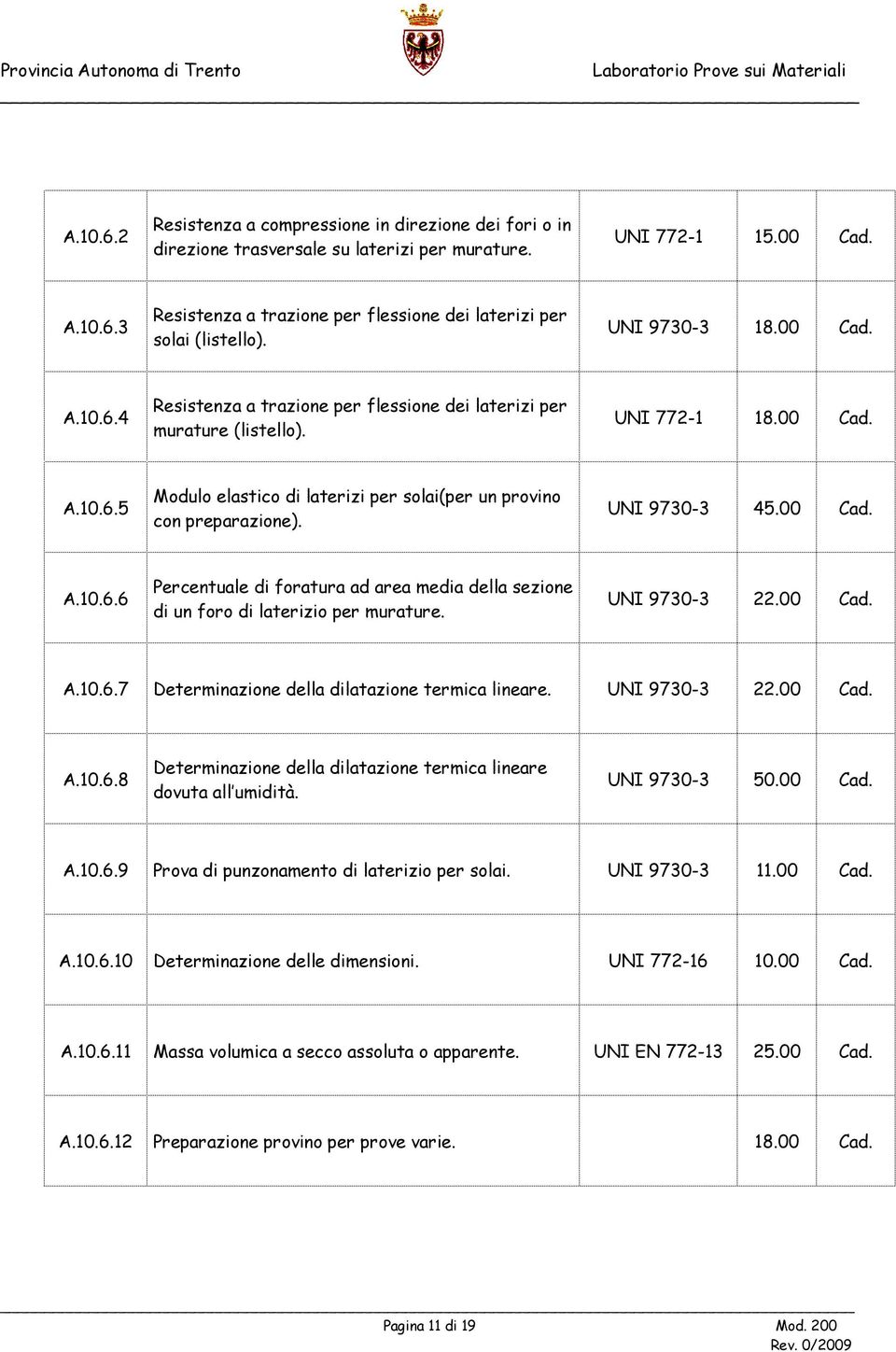 UNI 9730-3 45.00 A.10.6.6 Percentuale di foratura ad area media della sezione di un foro di laterizio per murature. UNI 9730-3 22.00 A.10.6.7 Determinazione della dilatazione termica lineare.