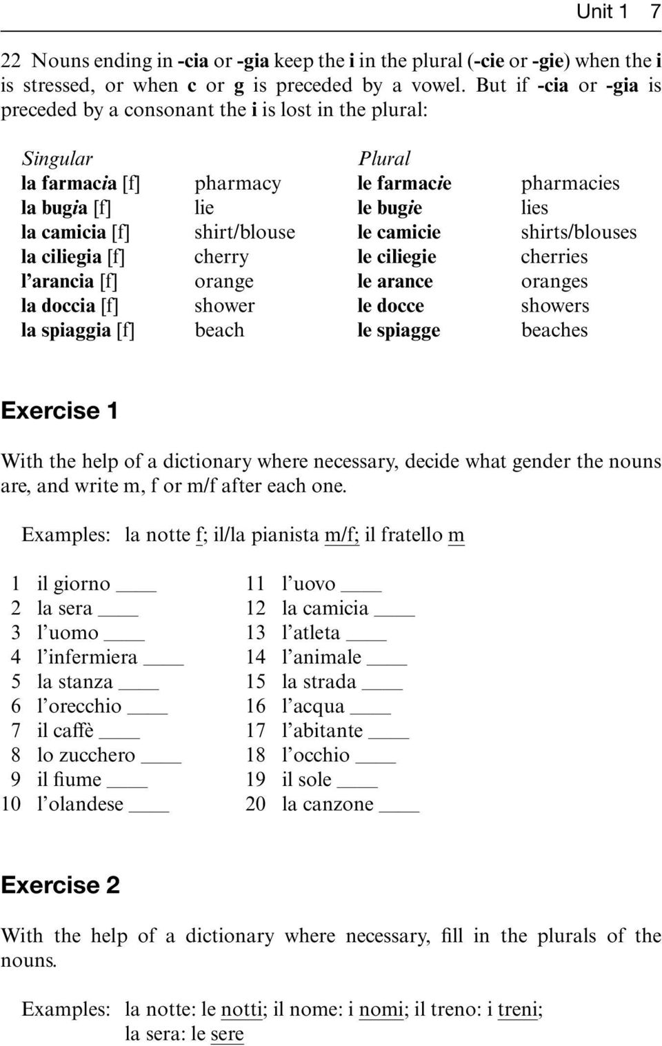 lie shirt/blouse cherry orange shower beach Plural le farmacie le bugie le camicie le ciliegie le arance le docce le spiagge pharmacies lies shirts/blouses cherries oranges showers beaches Exercise 1