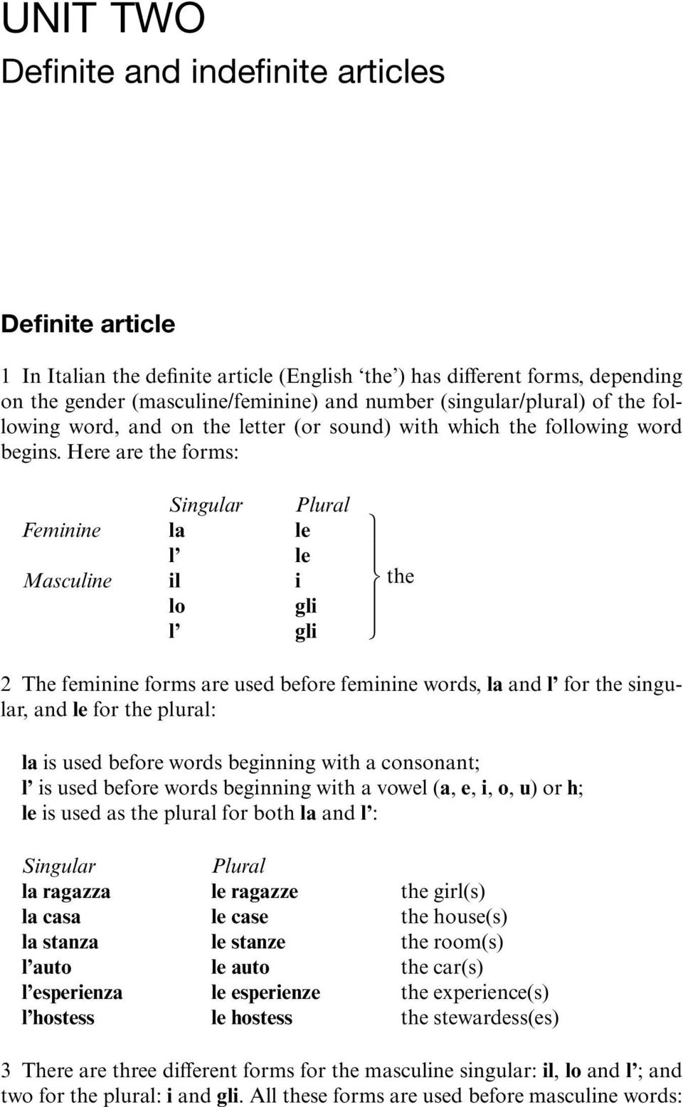 Here are the forms: Feminine Masculine Singular la l il lo l Plural le le i gli gli the 2 The feminine forms are used before feminine words, la and l for the singular, and le for the plural: la is