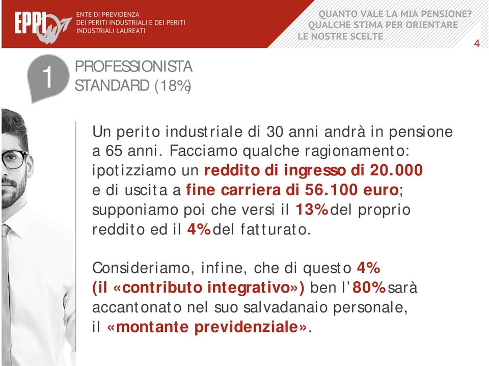 100 euro; supponiamo poi che versi il 13% del proprio reddito ed il 4% del fatturato.